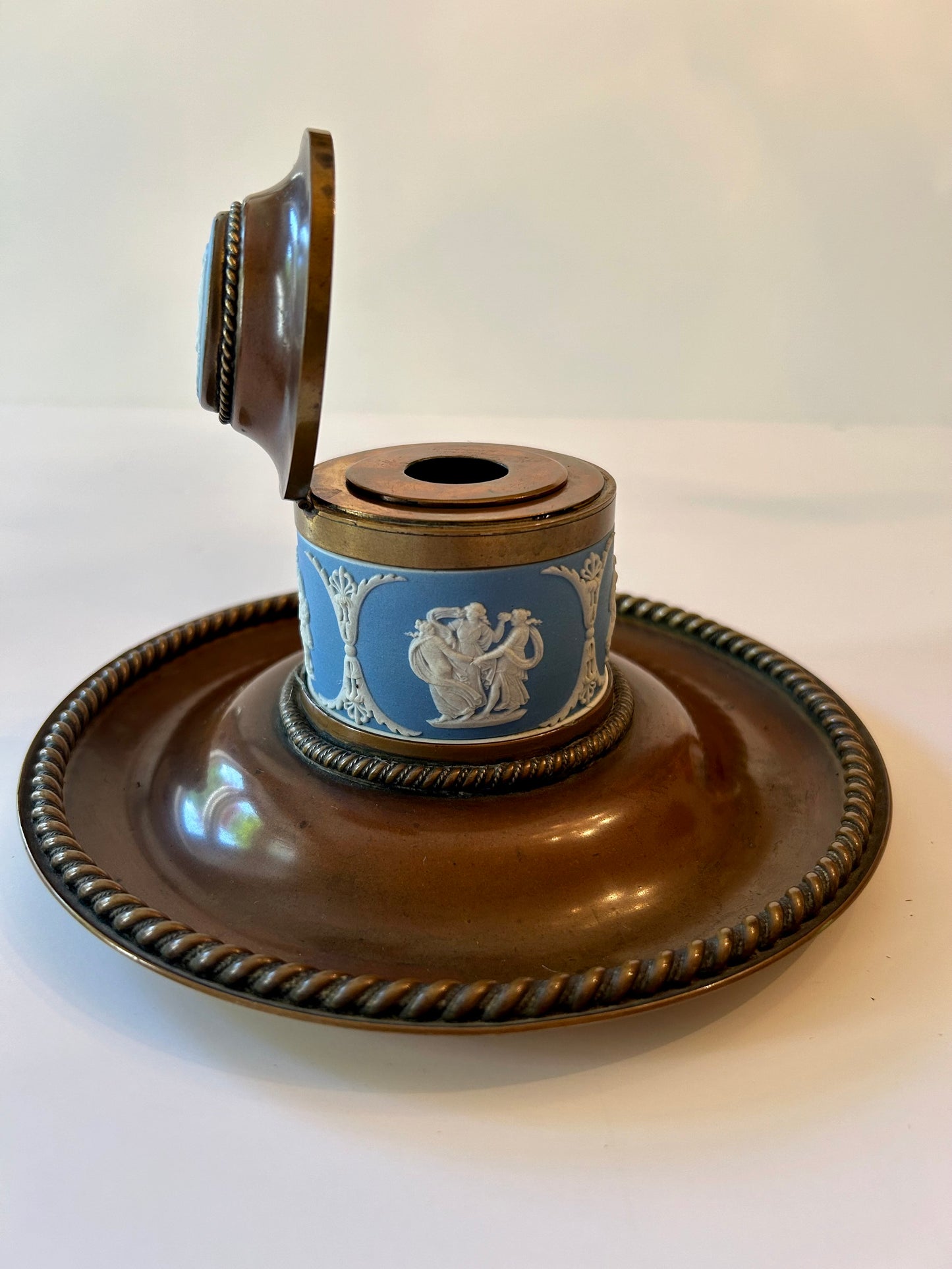 A Wedgwood Jasperware Mounted Brass and Wooden Book Slide and Inkwell