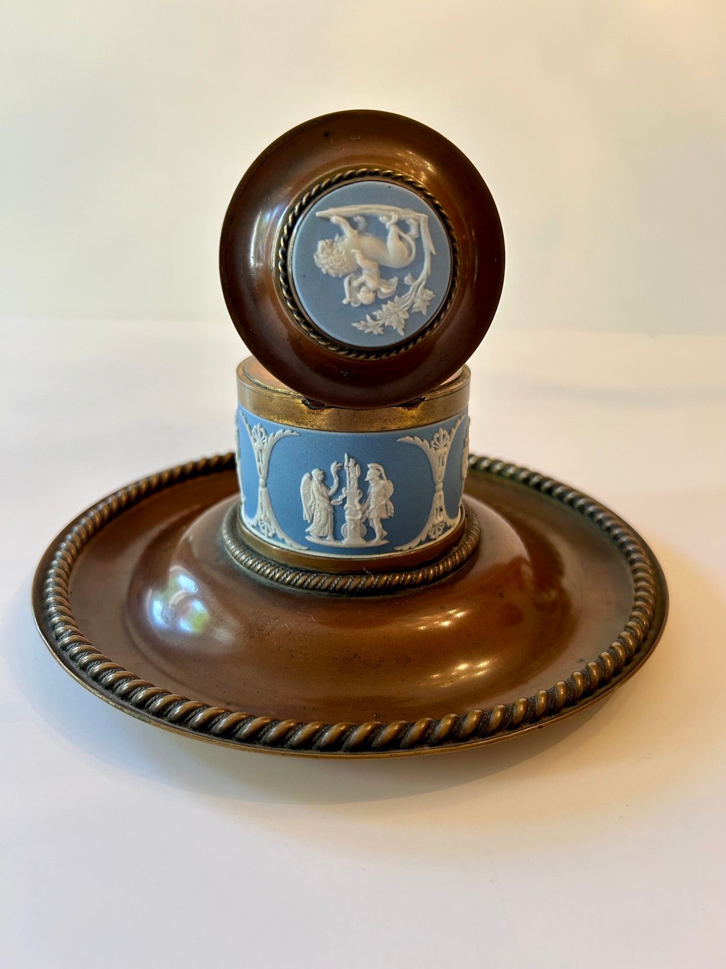 A Wedgwood Jasperware Mounted Brass and Wooden Book Slide and Inkwell