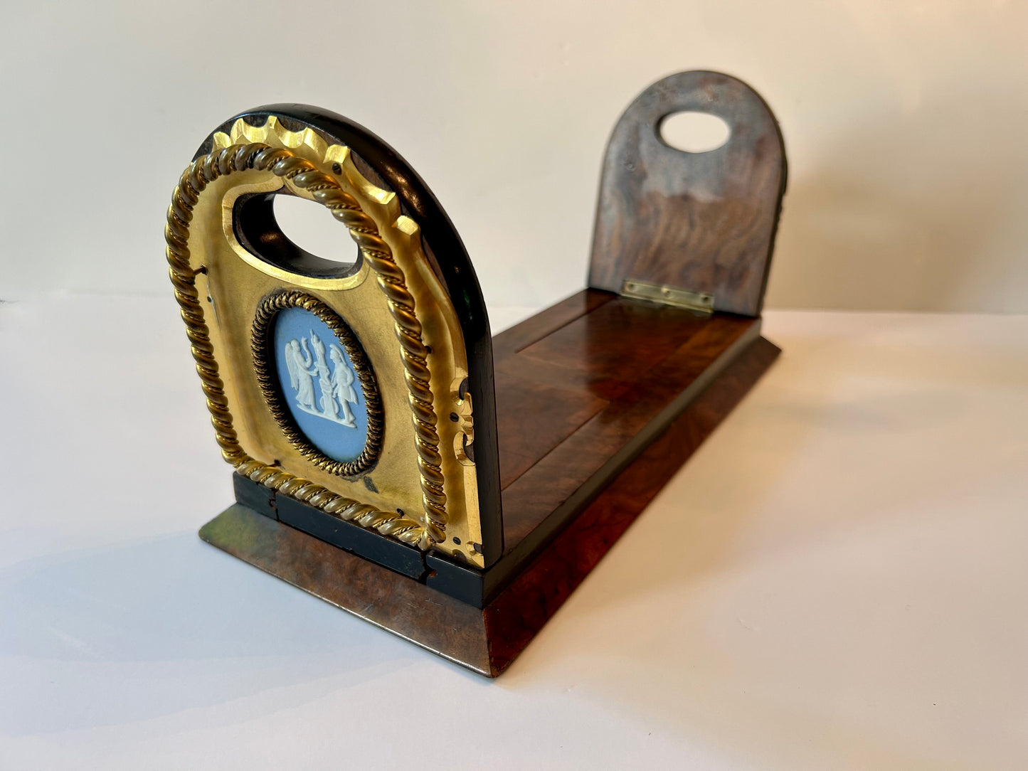 A Wedgwood Jasperware Mounted Brass and Wooden Book Slide and Inkwell