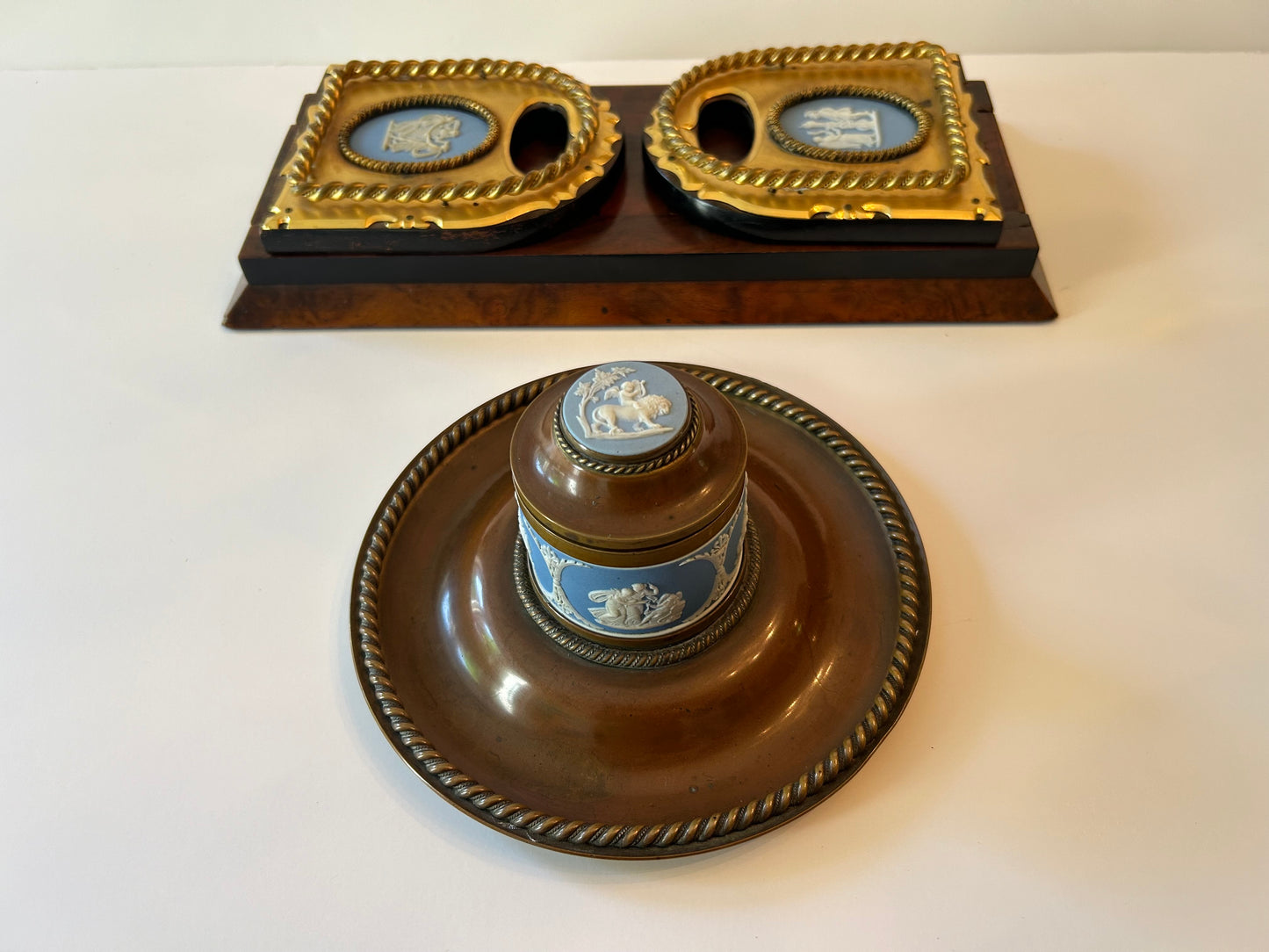 A Wedgwood Jasperware Mounted Brass and Wooden Book Slide and Inkwell