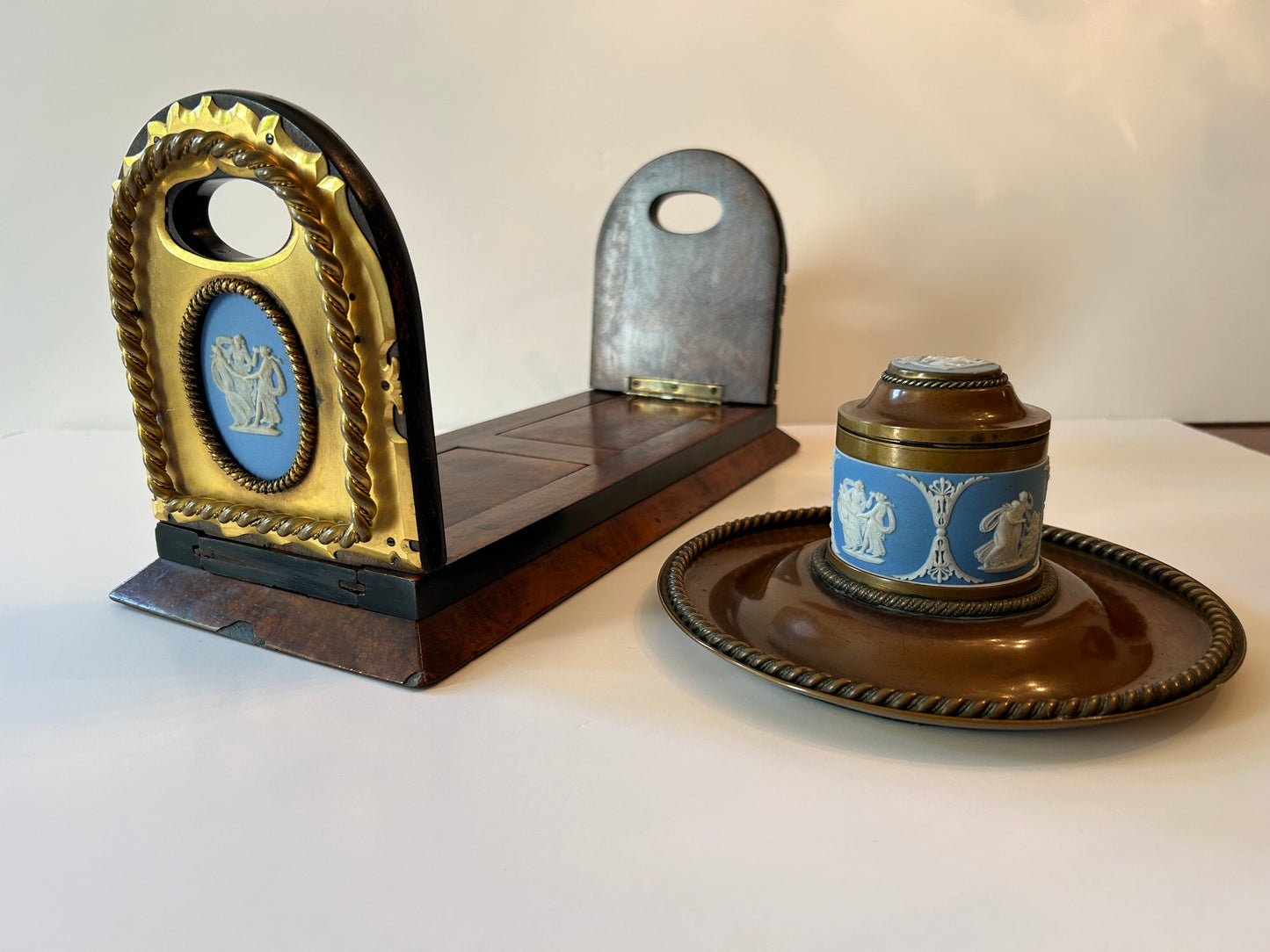 A Wedgwood Jasperware Mounted Brass and Wooden Book Slide and Inkwell