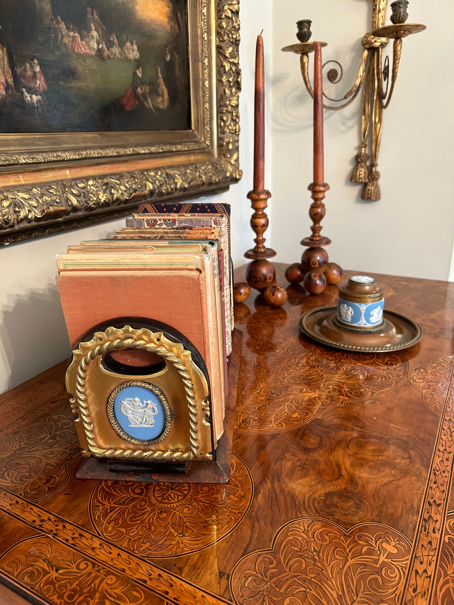 A Wedgwood Jasperware Mounted Brass and Wooden Book Slide and Inkwell