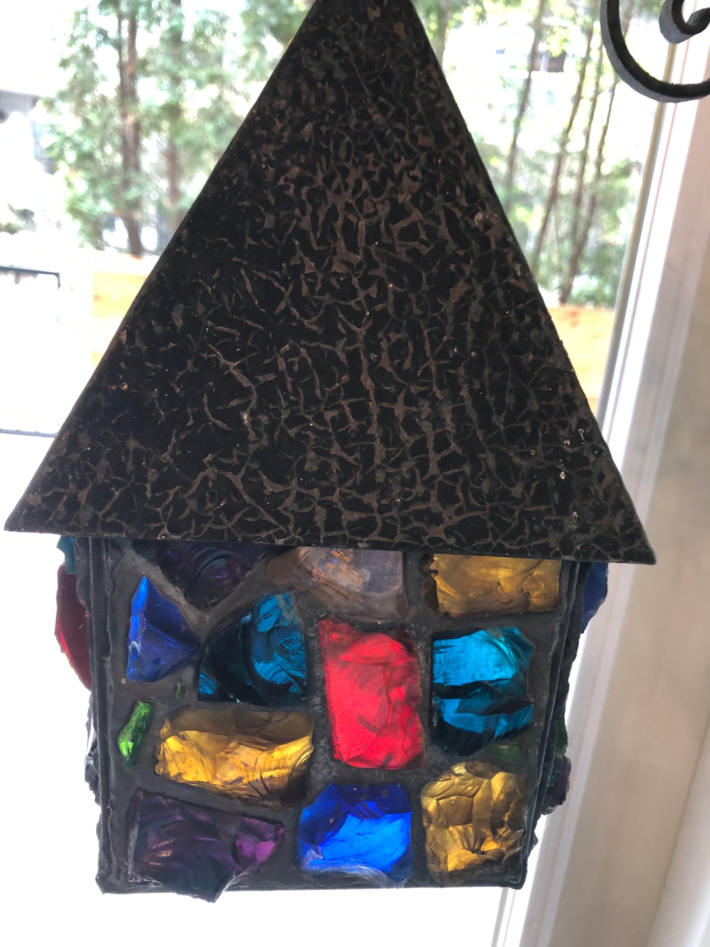 English Arts and Crafts Style Iron and Glass Lantern