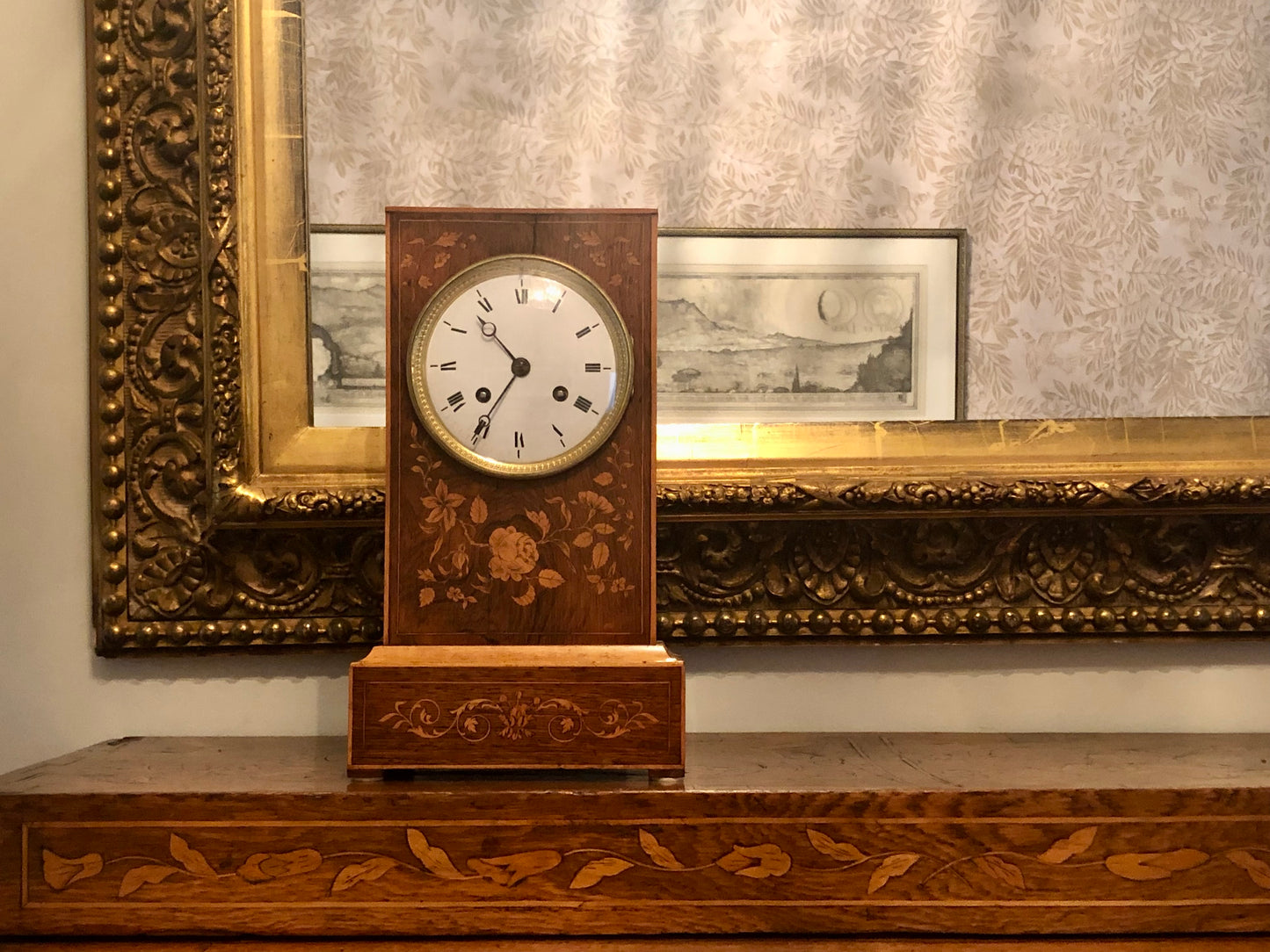 French Inlaid Marquetry Rosewood Mantle Clock, 1820