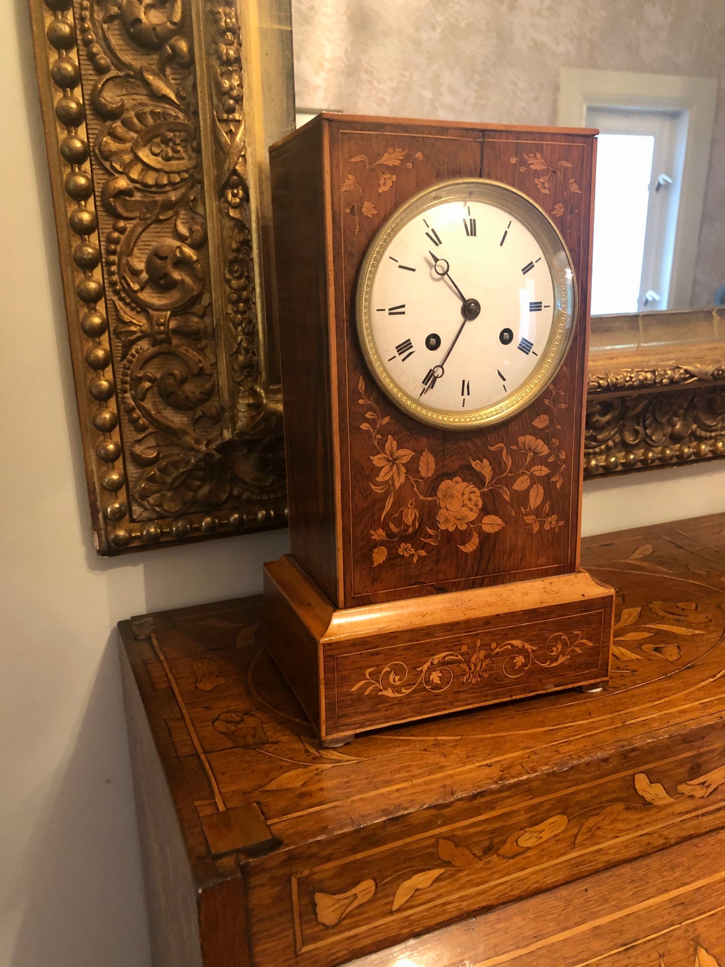 French Inlaid Marquetry Rosewood Mantle Clock, 1820