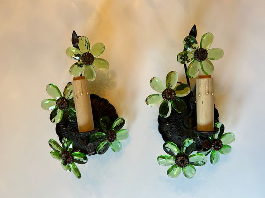 Pair of Hollywood Regency Italian Metal and Glass Flower Sconces