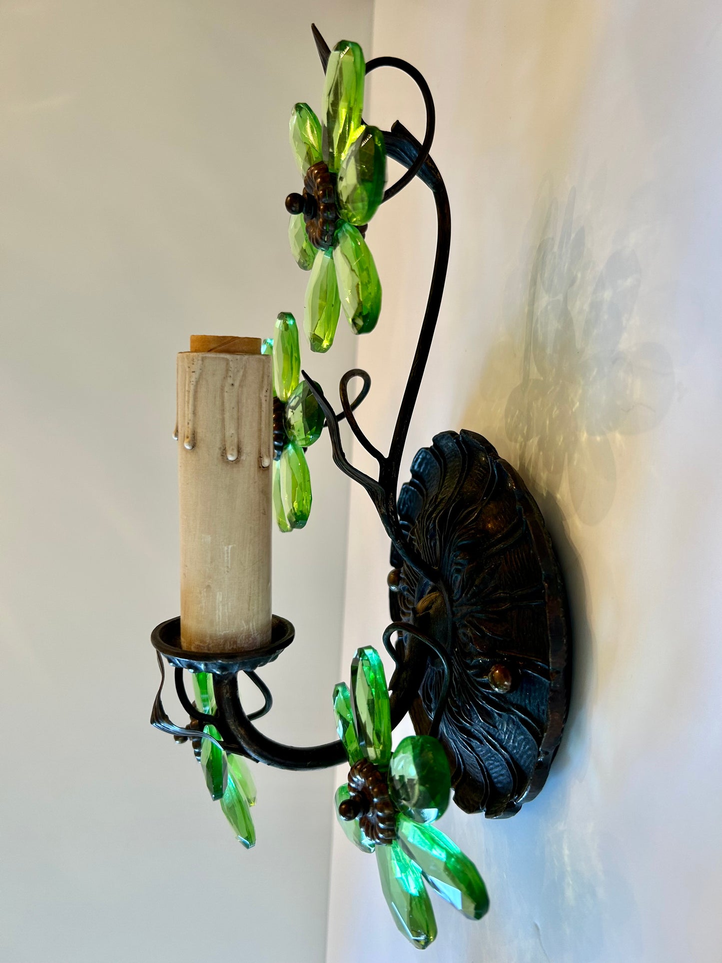 Pair of Hollywood Regency Italian Metal and Glass Flower Sconces