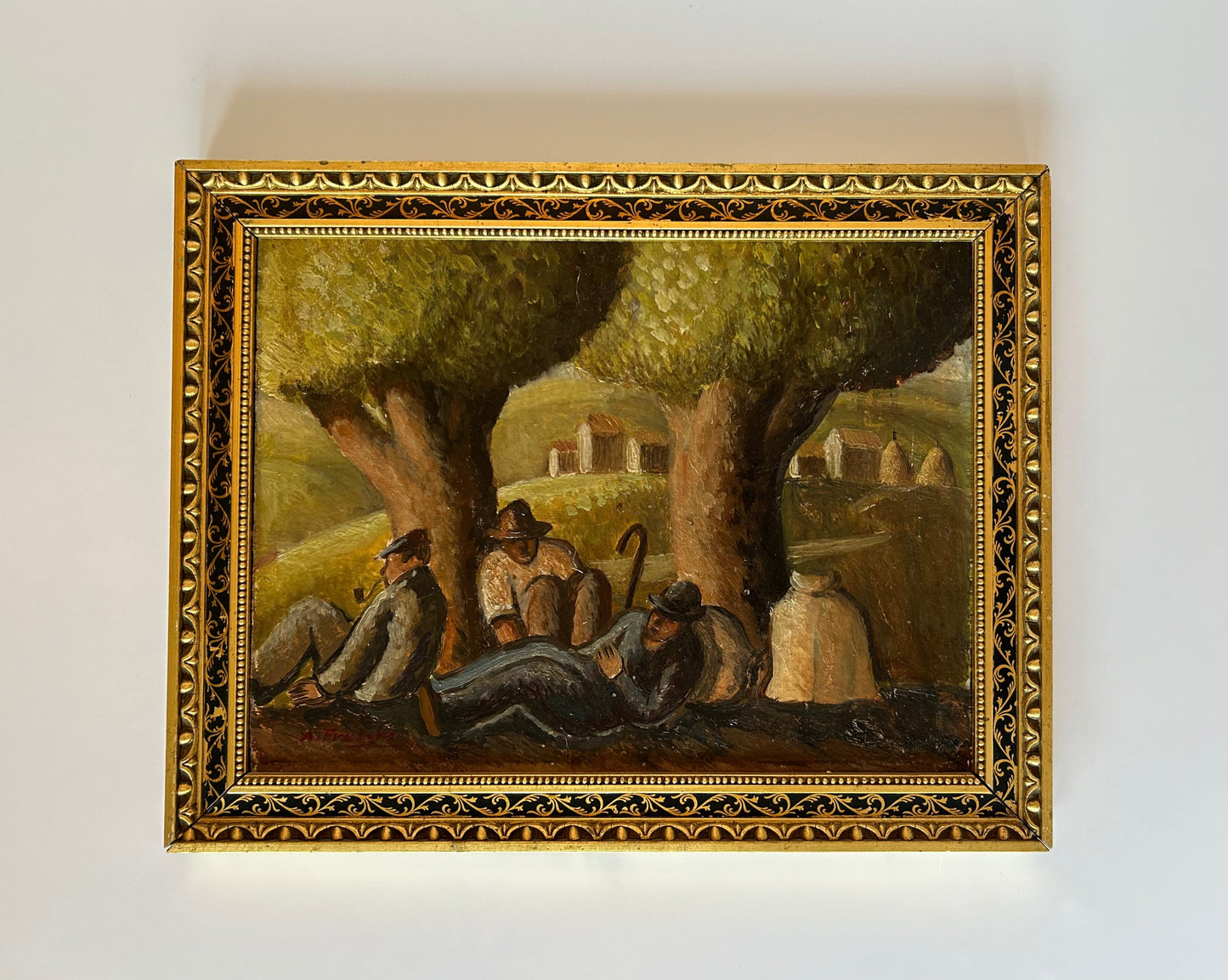 Fine Italian Landscape with Peasants at Rest, Oil on Board, Late 19th Century