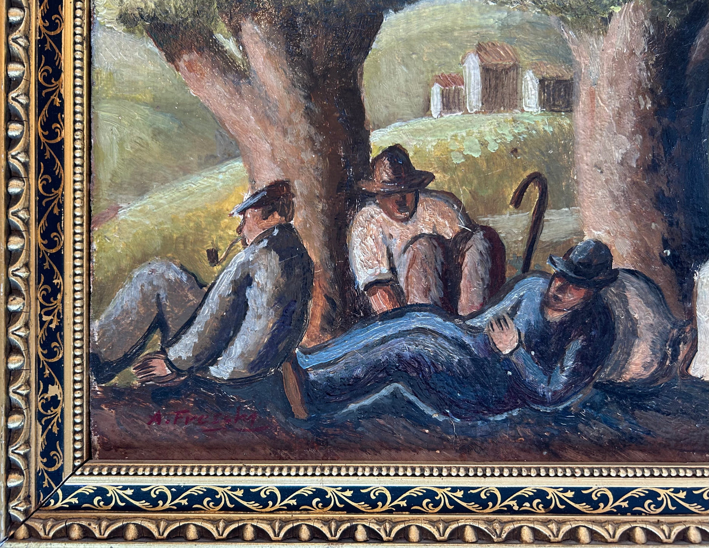 Fine Italian Landscape with Peasants at Rest, Oil on Board, Late 19th Century