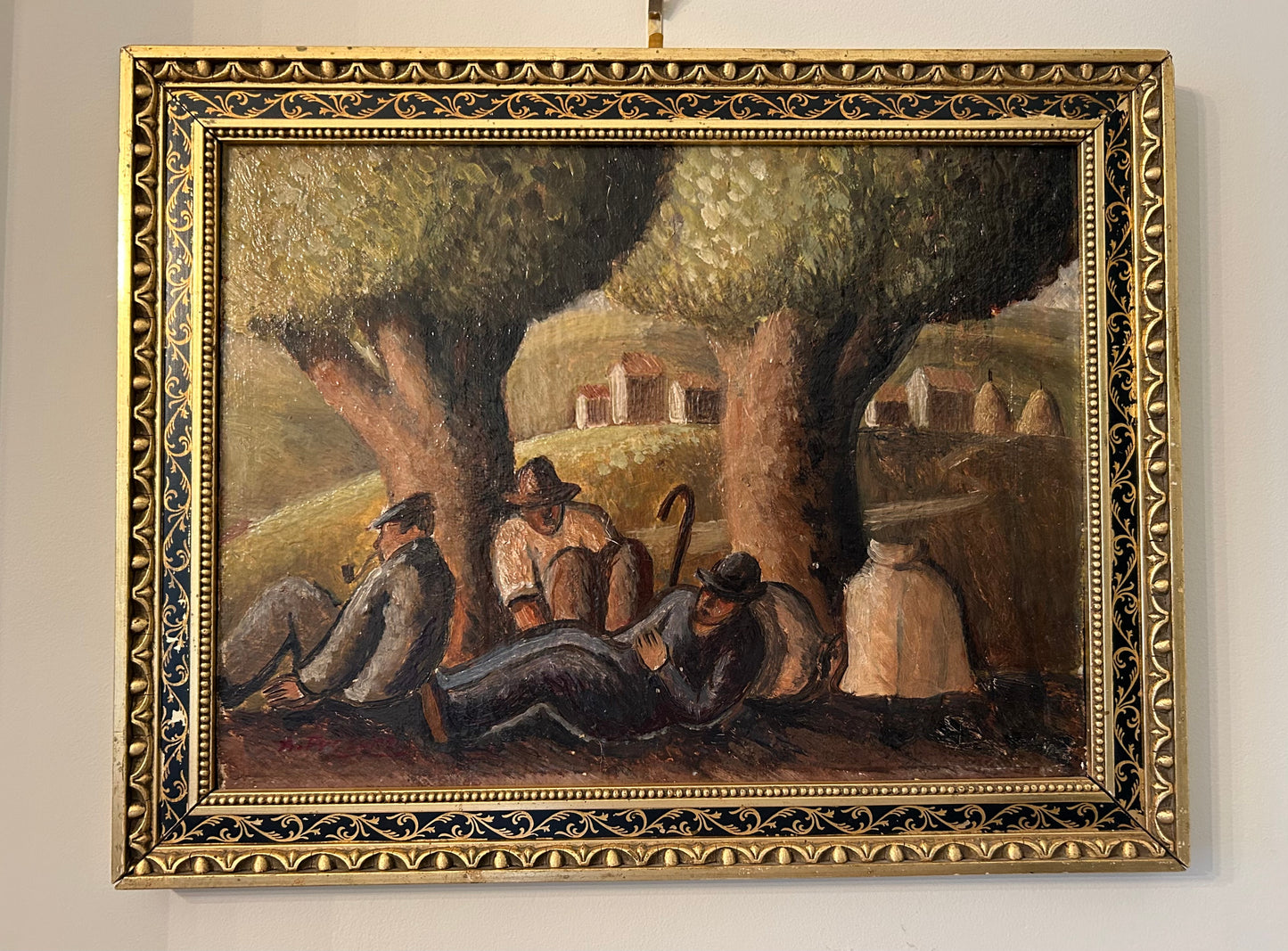 Fine Italian Landscape with Peasants at Rest, Oil on Board, Late 19th Century