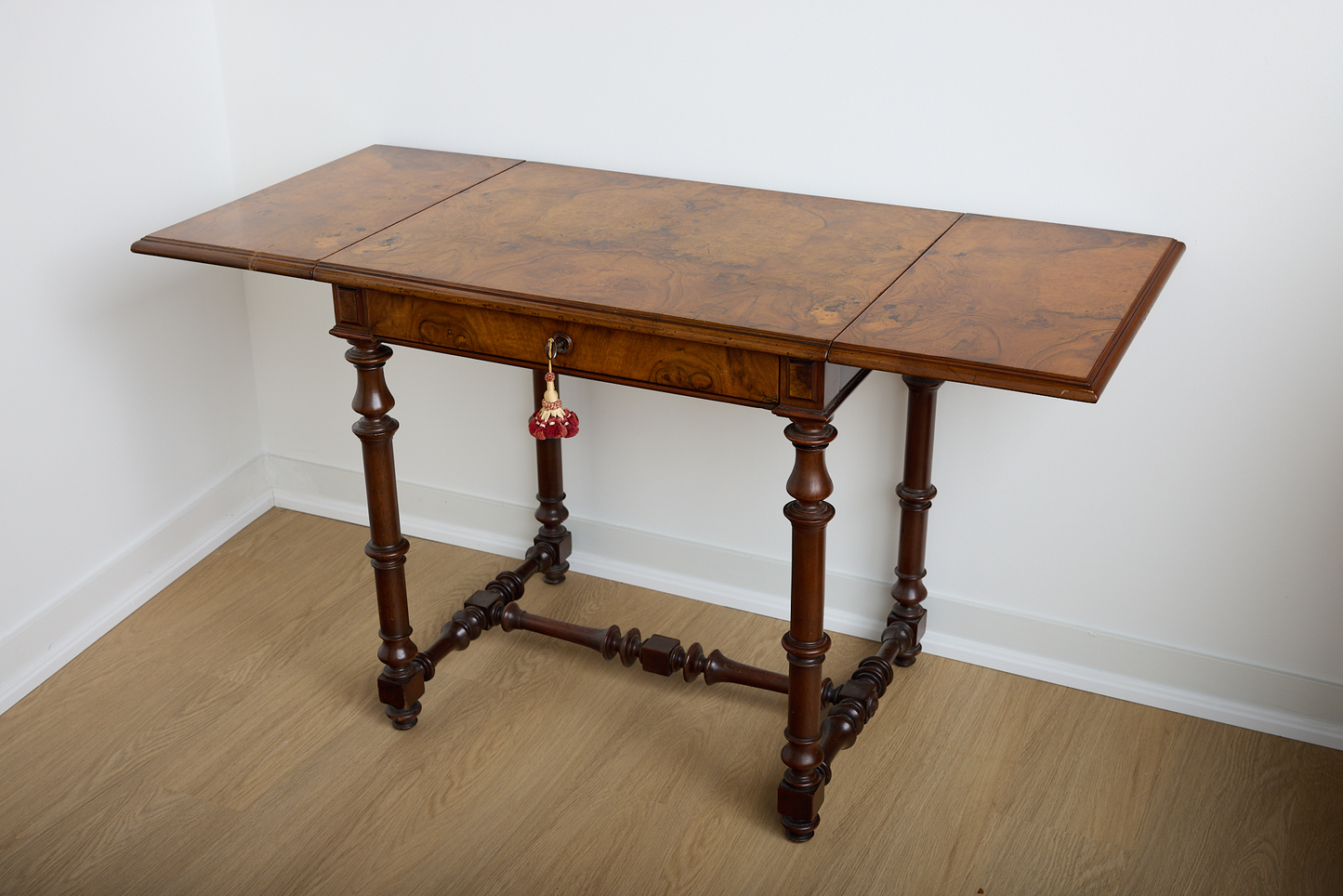 American Burled Walnut Table, Nineteenth Century, Herther Brothers.