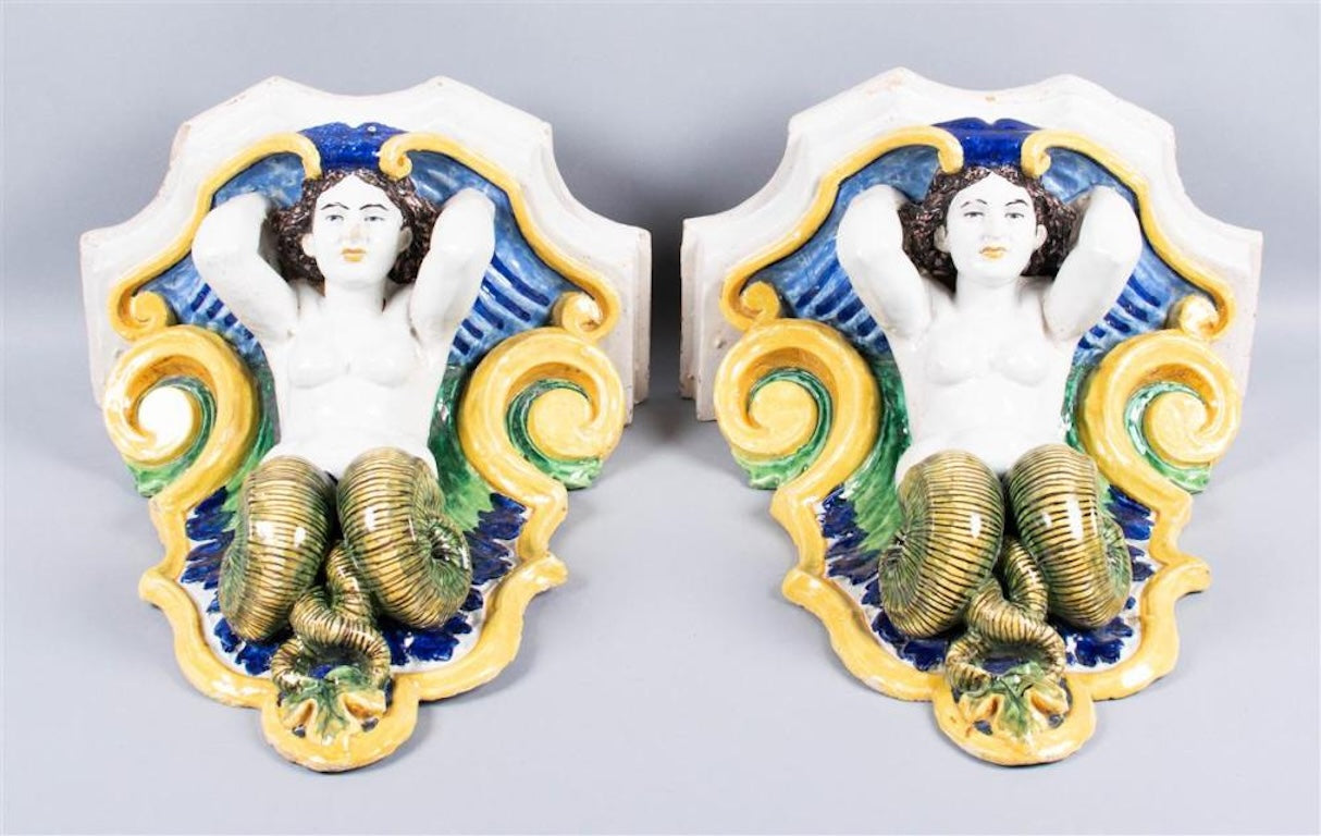 Pair of Italian Glazed Ceramic, Majolica Wall Brackets