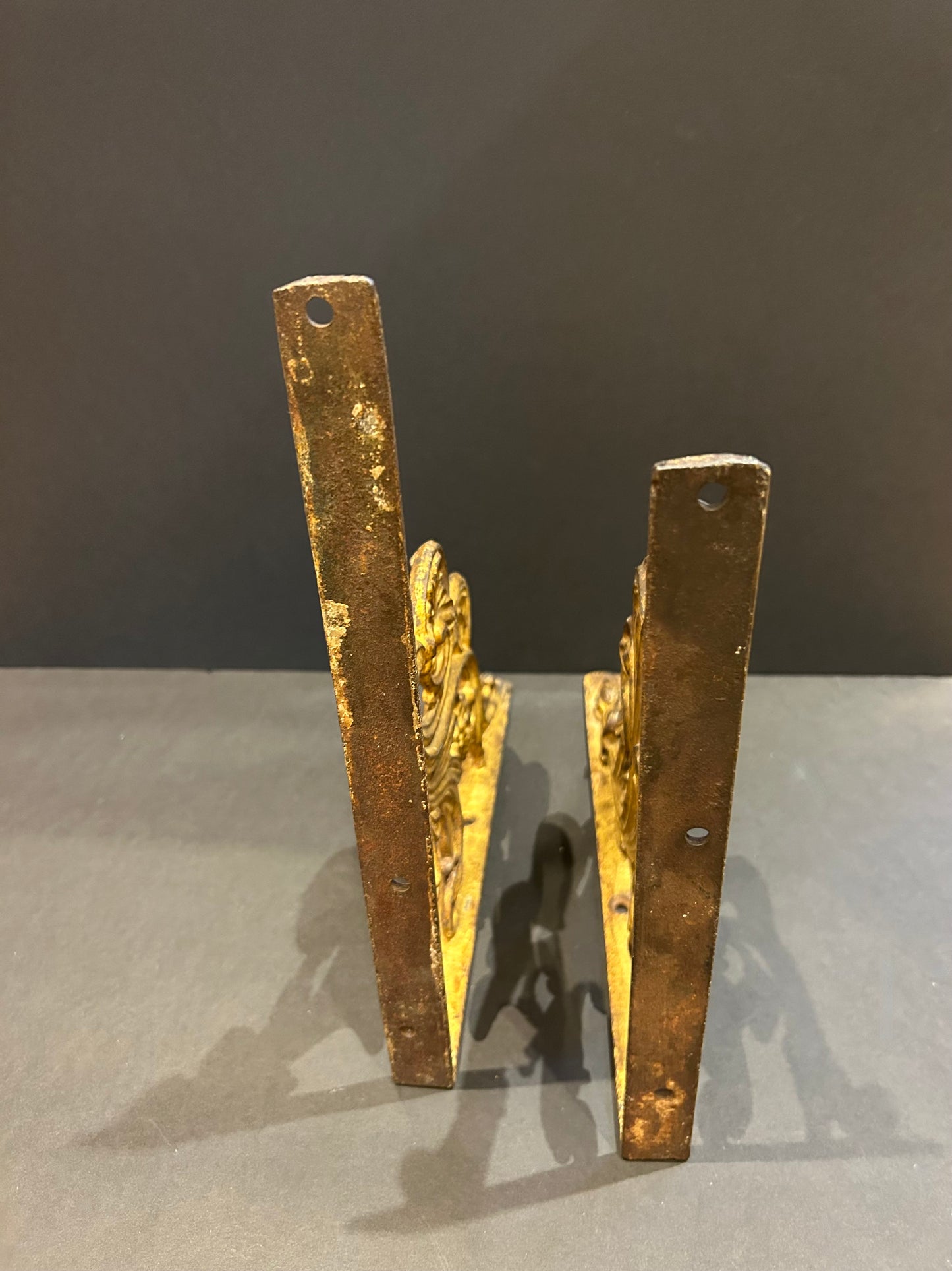 Pair of Art Nouveau Cast Iron, Gilded Shelf Brackets