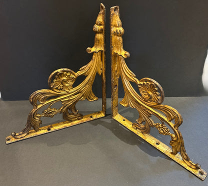 Pair of Art Nouveau Cast Iron, Gilded Shelf Brackets