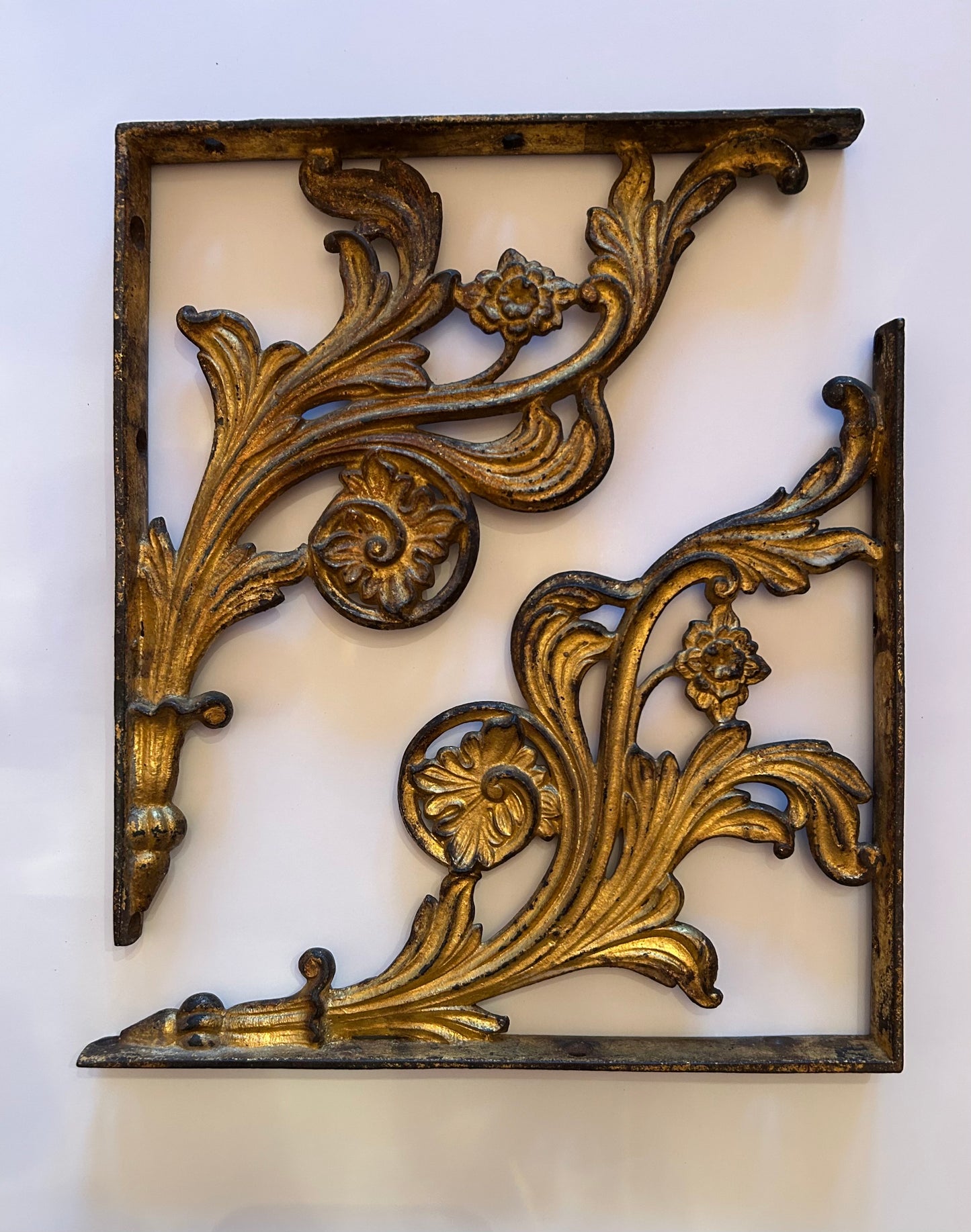 Pair of Art Nouveau Cast Iron, Gilded Shelf Brackets