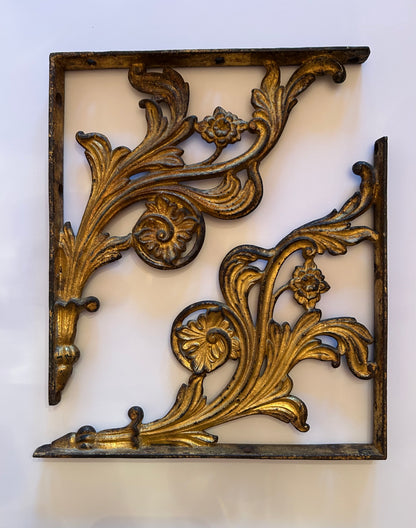 Pair of Art Nouveau Cast Iron, Gilded Shelf Brackets