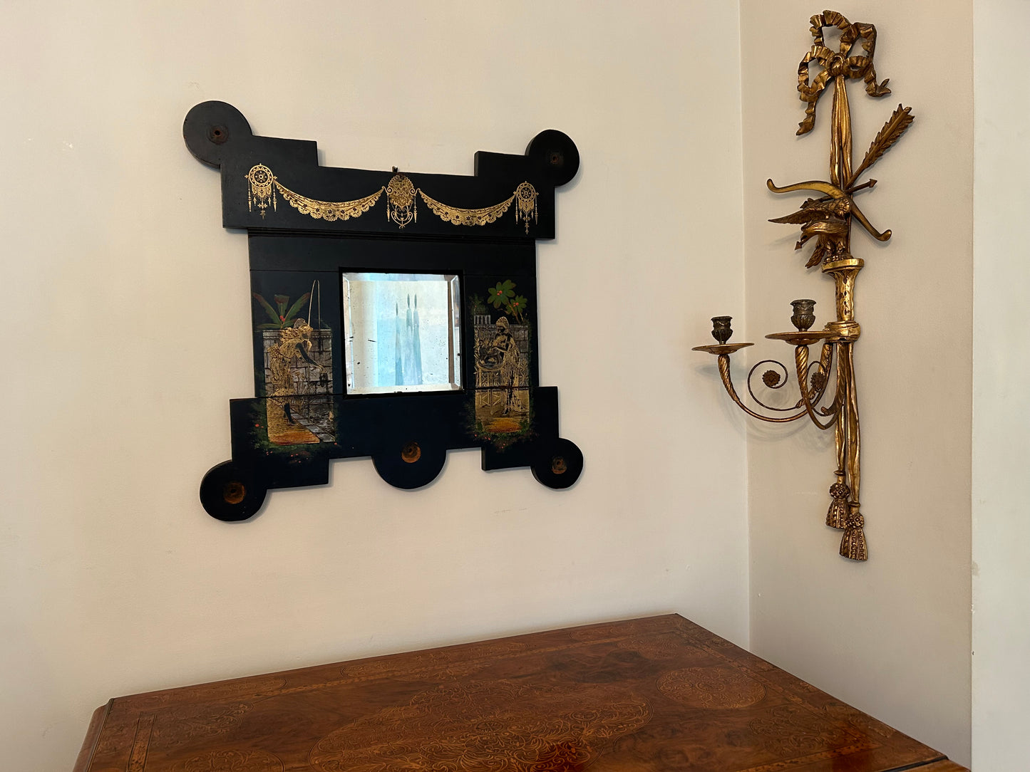 Aesthetic Movement Gilt Decorated Ebonised Wall Mirror