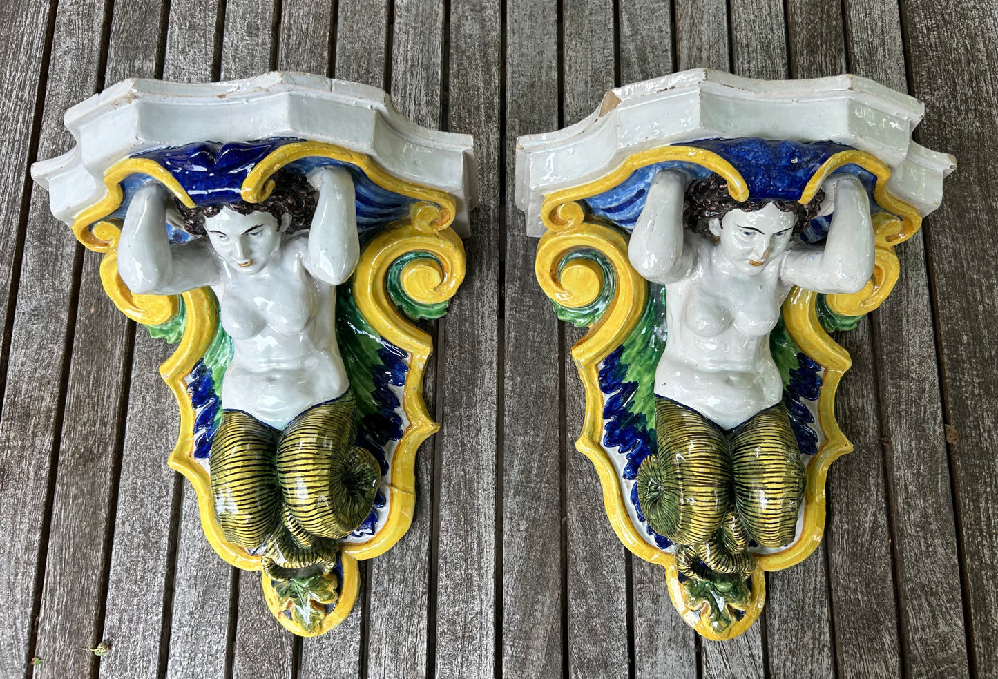 Pair of Italian Glazed Ceramic, Majolica Wall Brackets