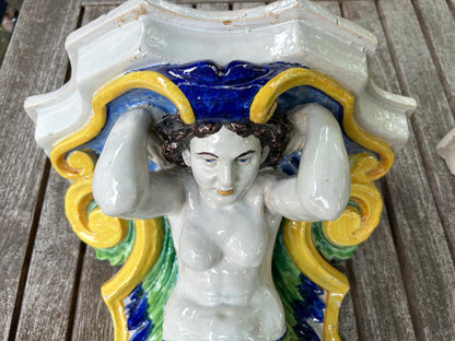 Pair of Italian Glazed Ceramic, Majolica Wall Brackets