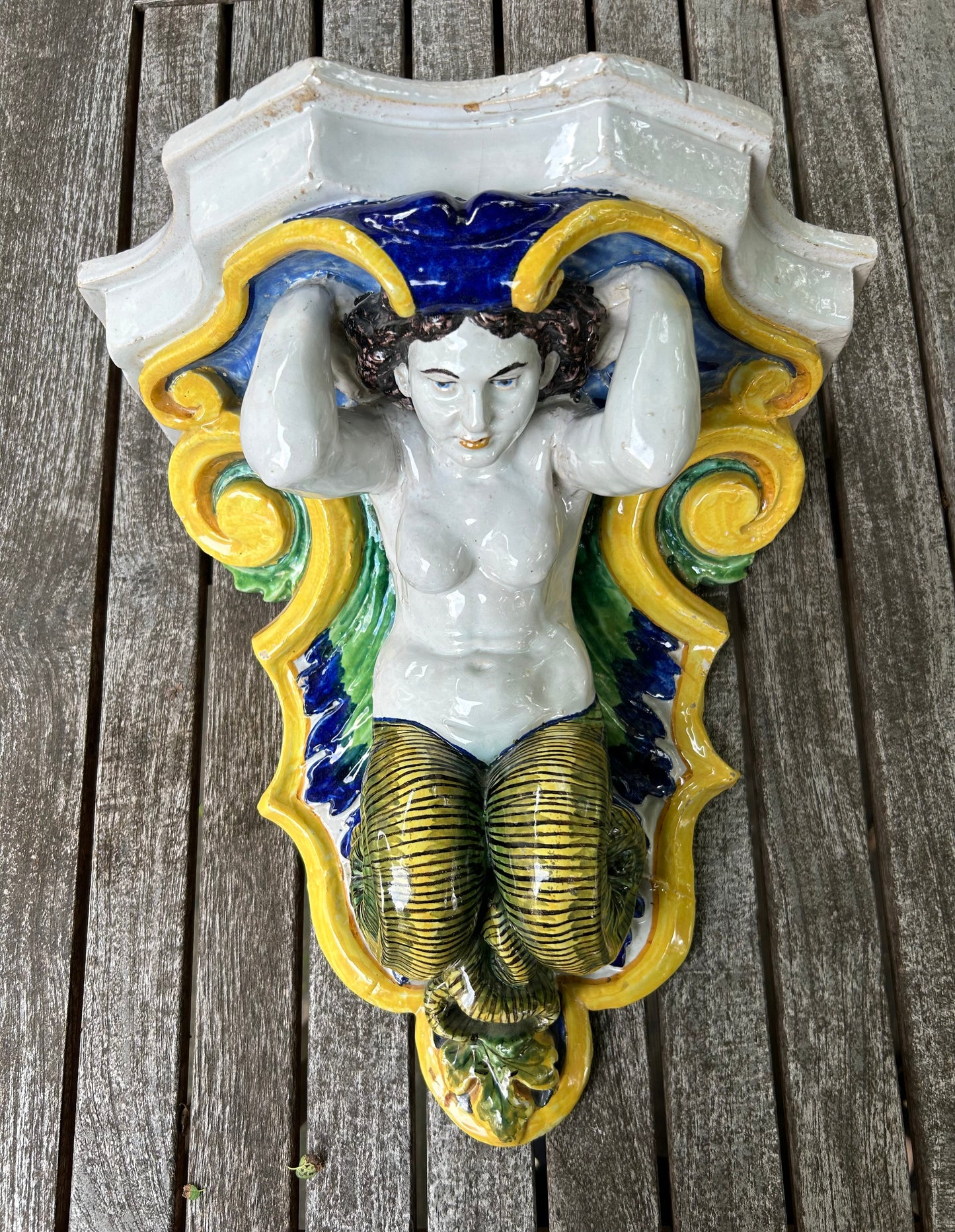 Pair of Italian Glazed Ceramic, Majolica Wall Brackets