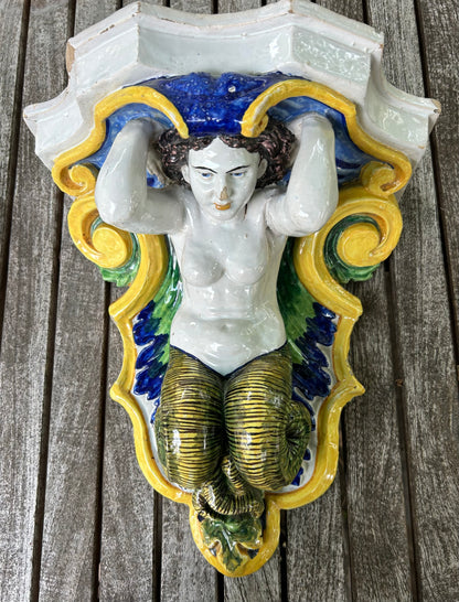 Pair of Italian Glazed Ceramic, Majolica Wall Brackets