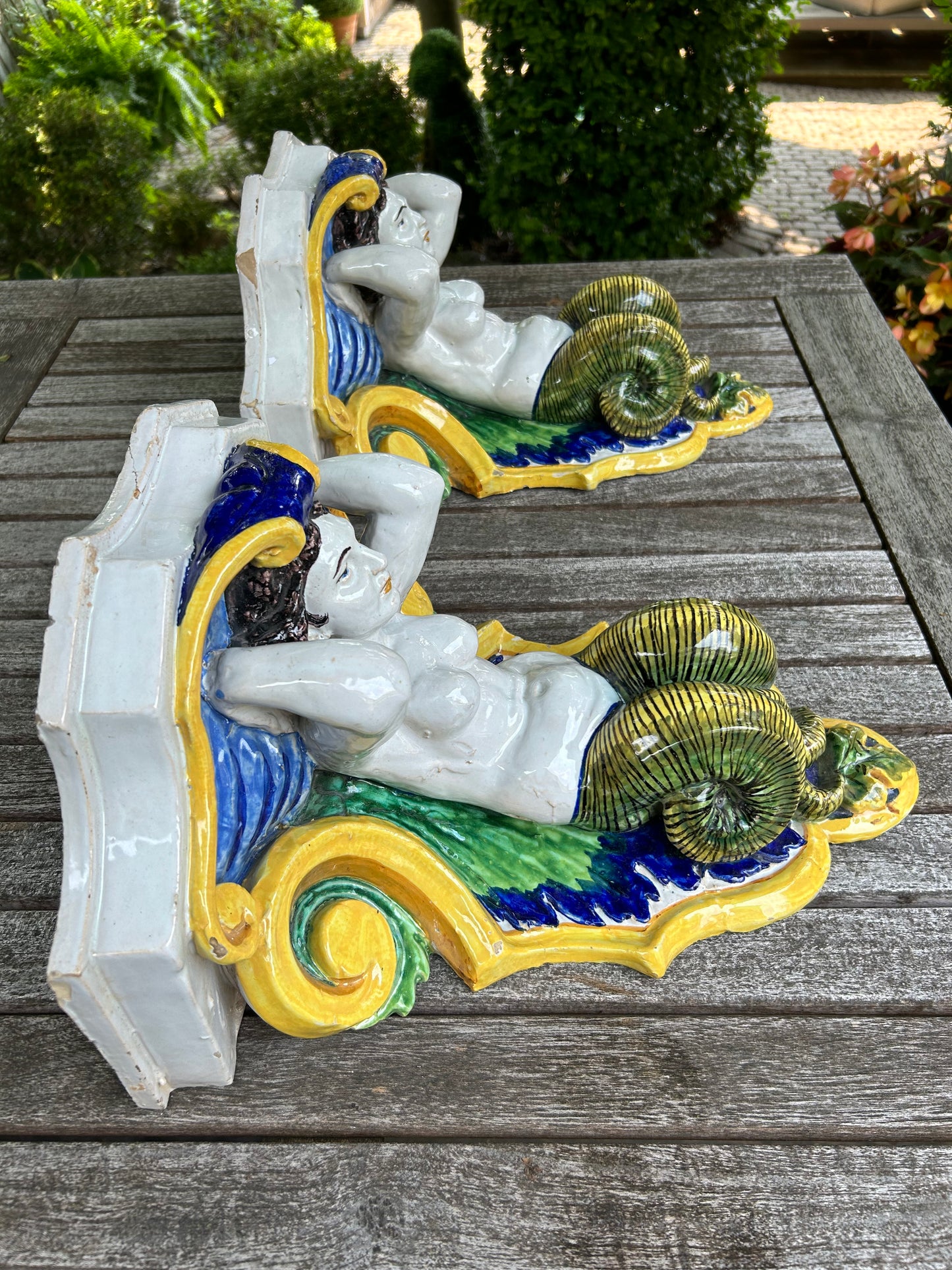 Pair of Italian Glazed Ceramic, Majolica Wall Brackets