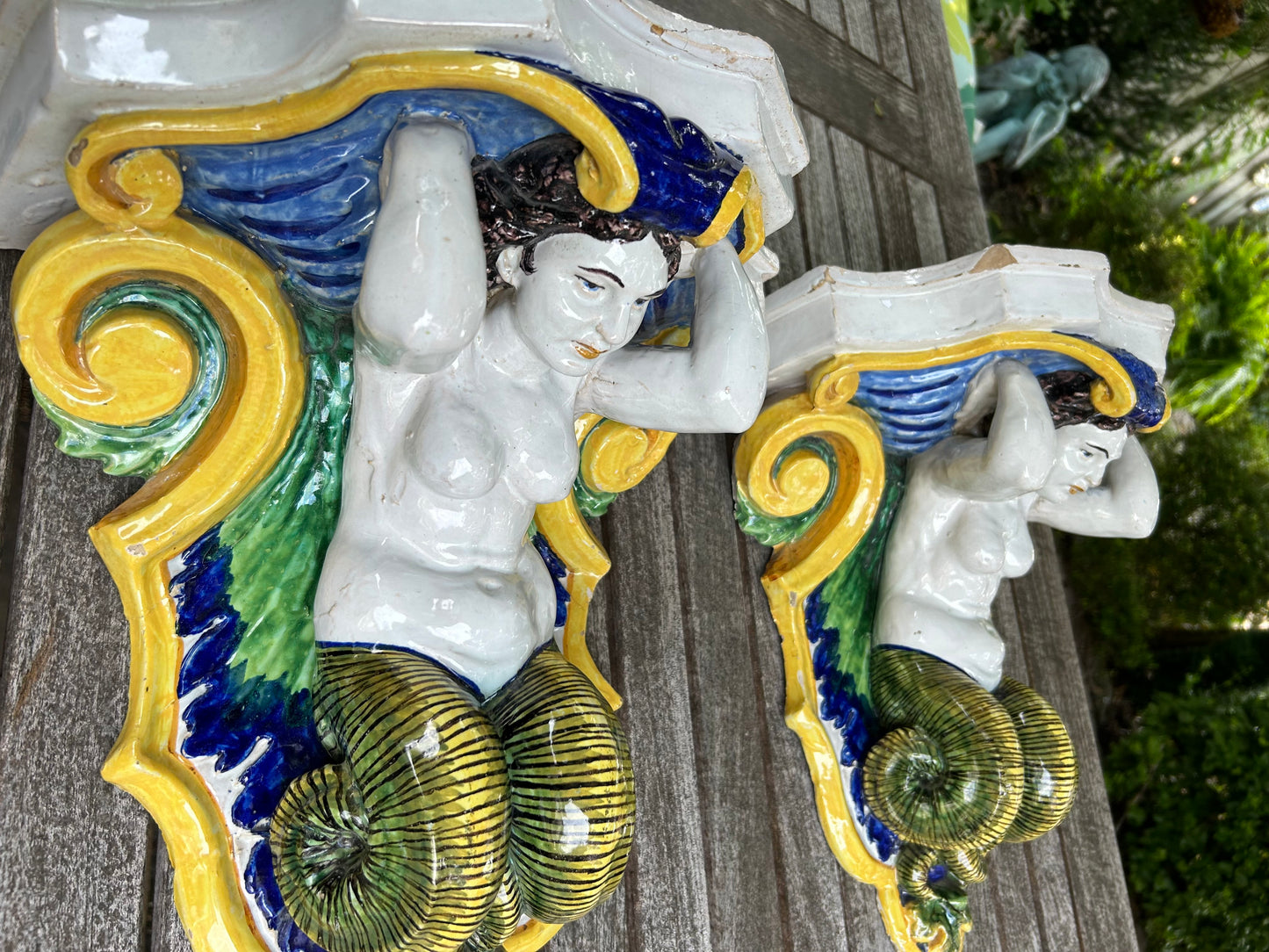 Pair of Italian Glazed Ceramic, Majolica Wall Brackets