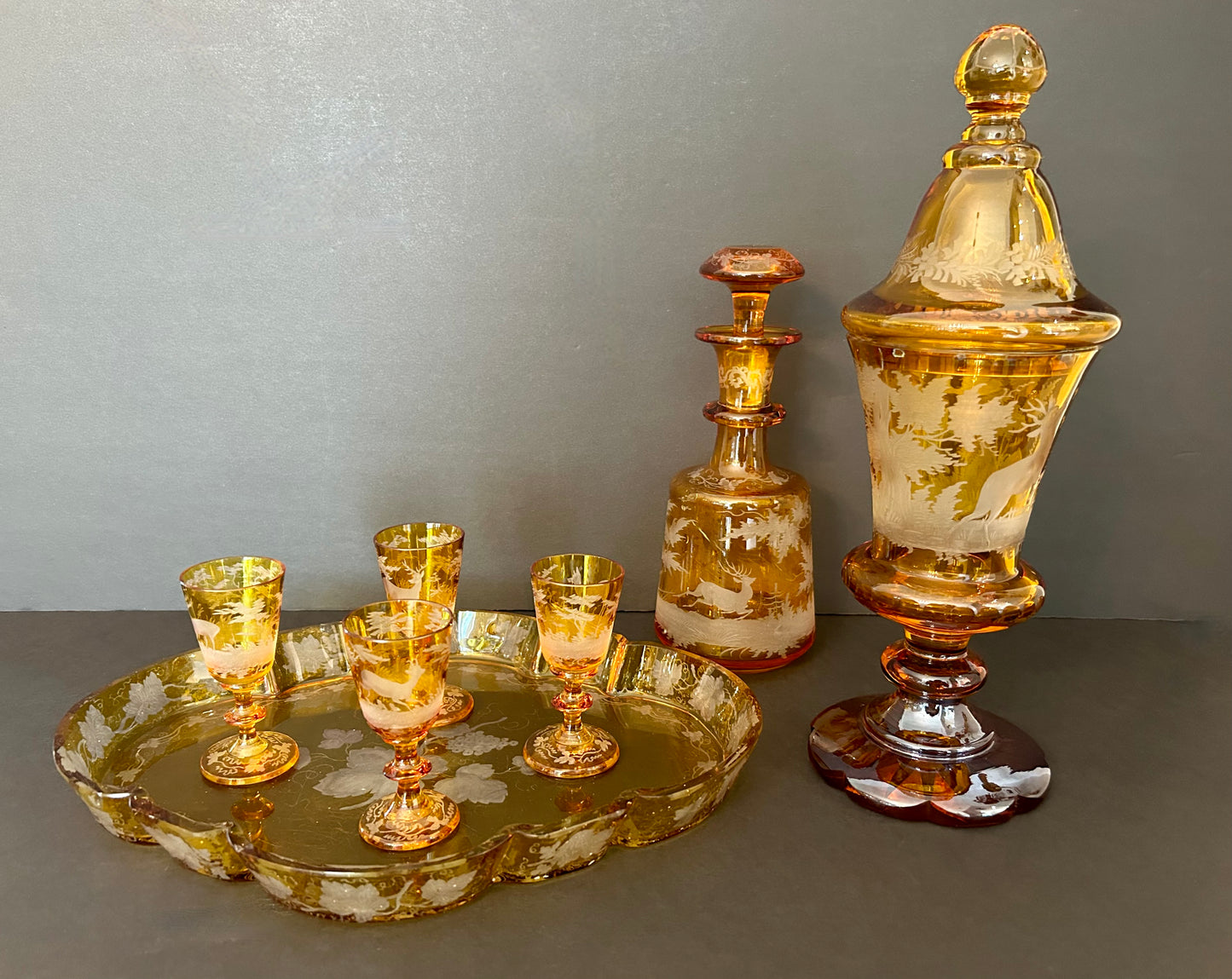 Collection of Bohemian Amber Crystal Glassware, 19th Century