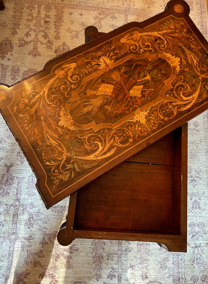 A Napoleon III Style Gilt Bronze Mounted Mahogany and Marquetry Table