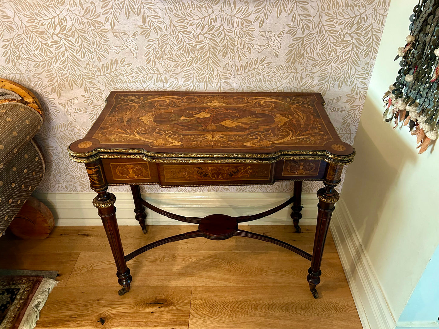 A Napoleon III Style Gilt Bronze Mounted Mahogany and Marquetry Table