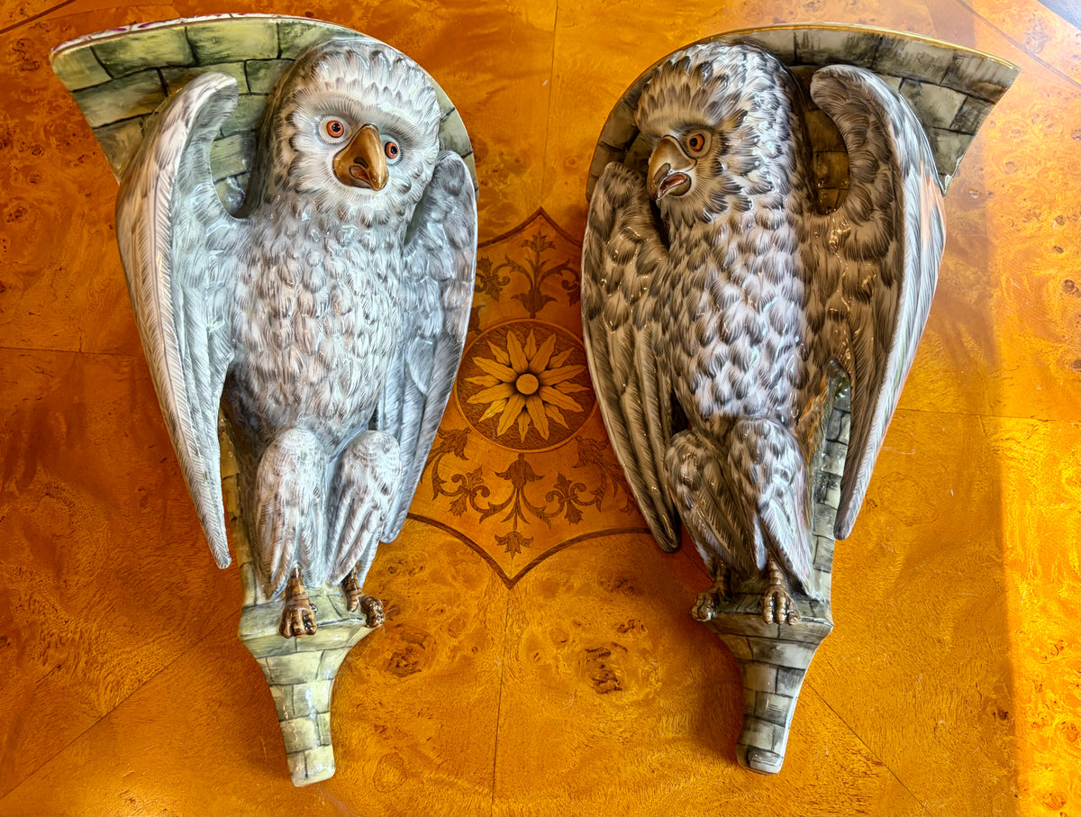 Antique Owl Shaped Ceramic Corner Brackets from France