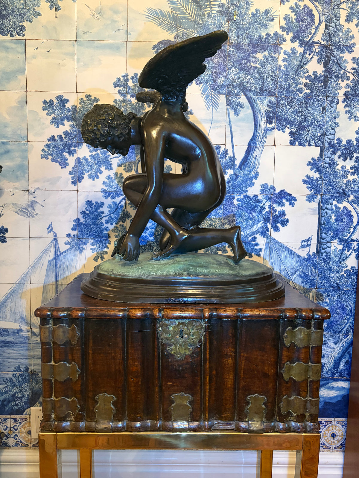 Antique Bronze Kneeling Angel After Jean Antoine Injalbert, France, 1870