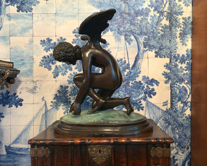 Antique Bronze Kneeling Angel After Jean Antoine Injalbert, France, 1870