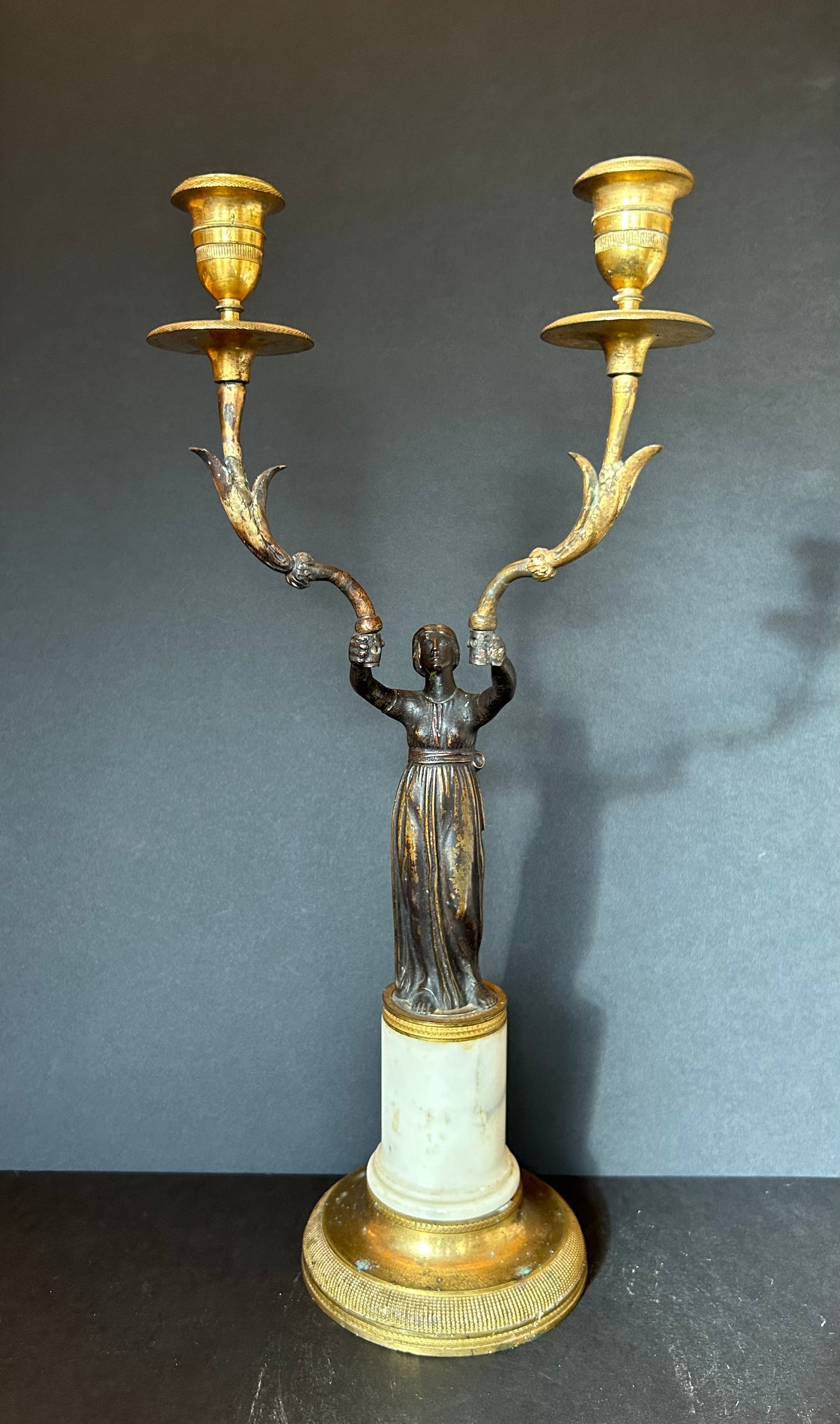 French Bronze and Marble Two-Armed Candelabrum, 19th Century