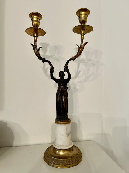 French Bronze and Marble Two-Armed Candelabrum, 19th Century