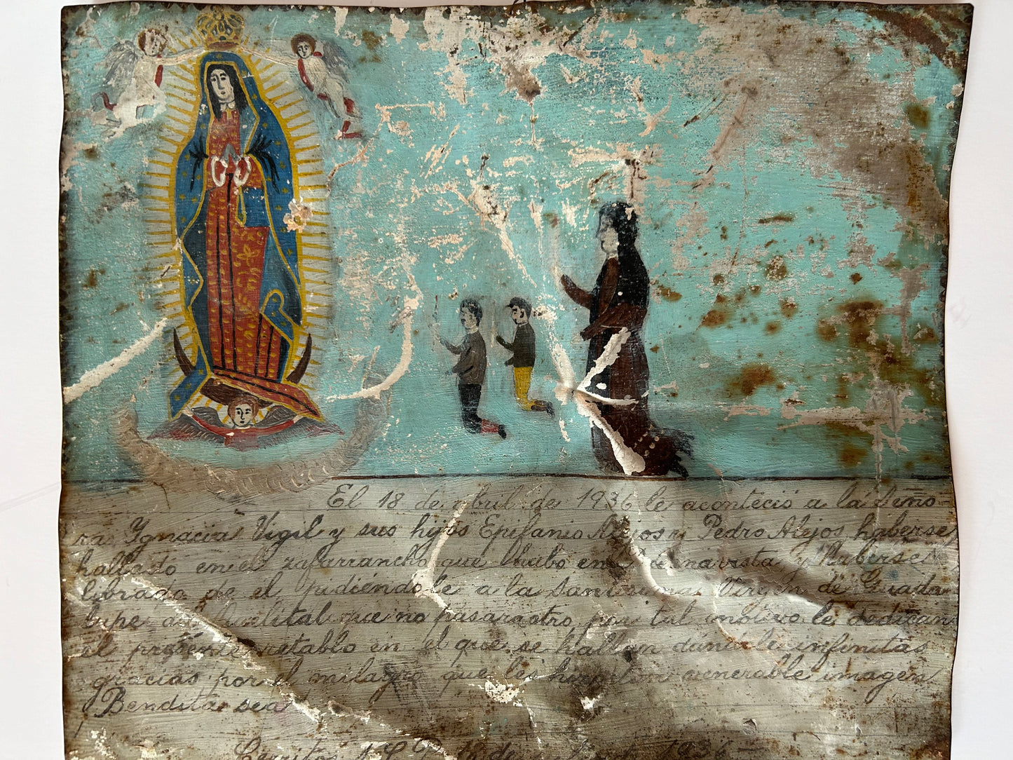 Antique Mexican Retablo "Exvoto" Oil on Tin, 1936