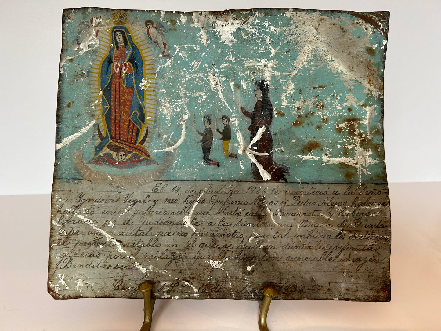 Antique Mexican Retablo "Exvoto" Oil on Tin, 1936