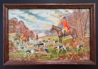 The Hunt, Reverse Glass Painting, Fox Hunting Scene, 19th Century