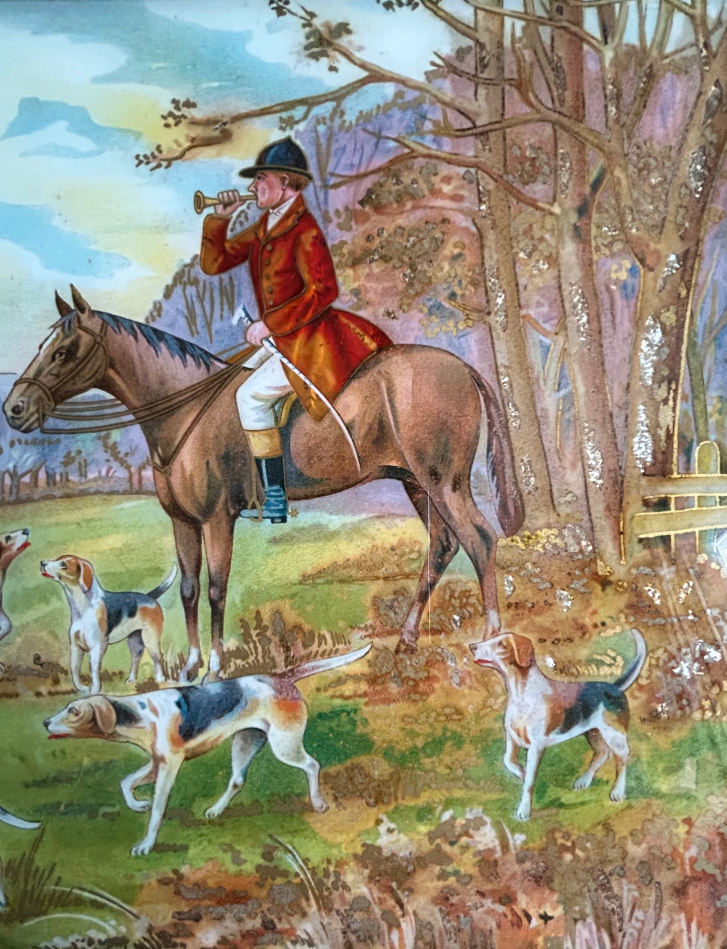 The Hunt, Reverse Glass Painting, Fox Hunting Scene, 19th Century