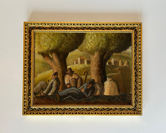 Fine Italian Landscape with Peasants at Rest,  Oil on Board, Late 19th Century