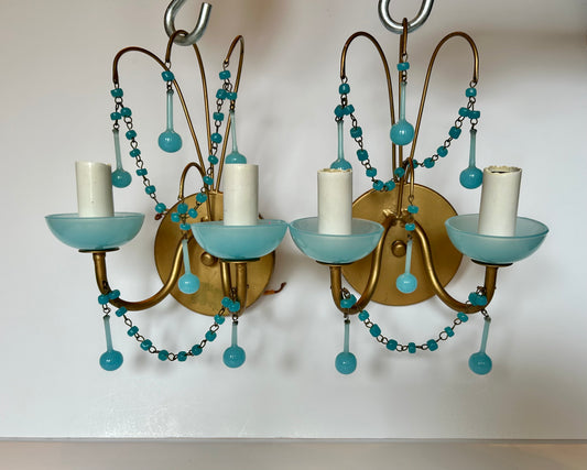 Lovely Pair of French Aqua Blue Opaline Glass Sconces