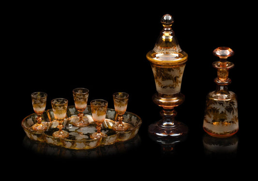 Collection of Bohemian Amber Crystal Glassware, 19th Century